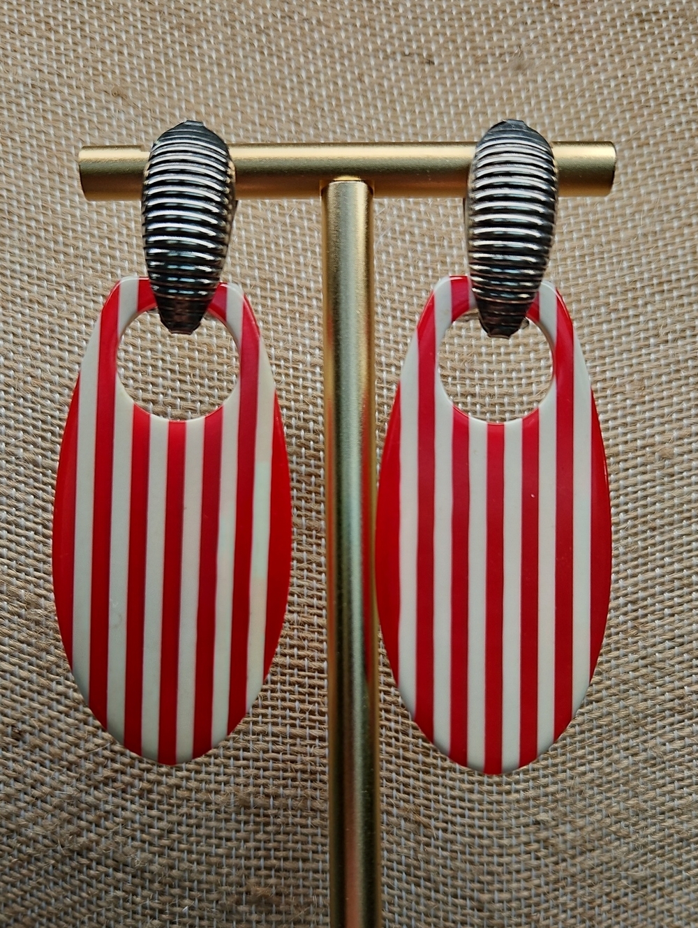 Vintage Red and White Striped Oval Drop Earrings